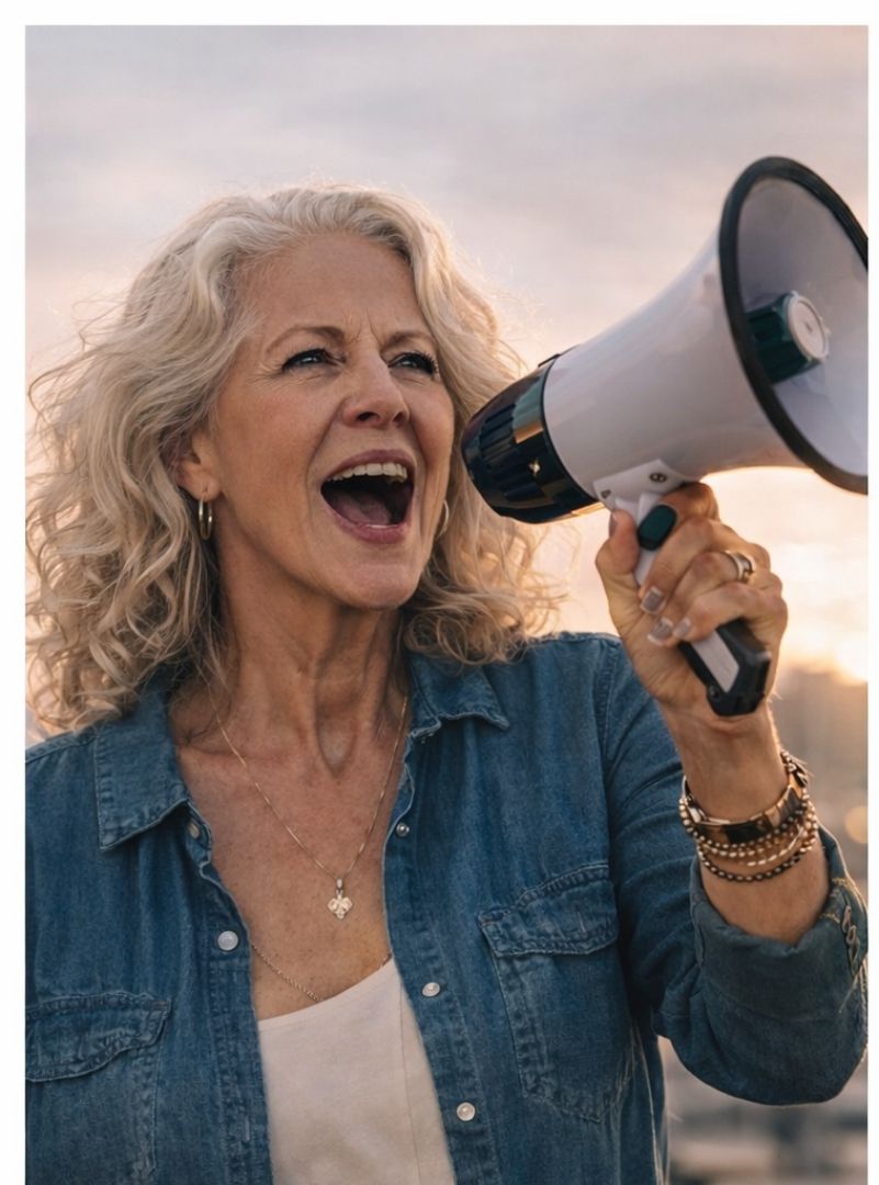 A woman speaking assertively into a megaphone