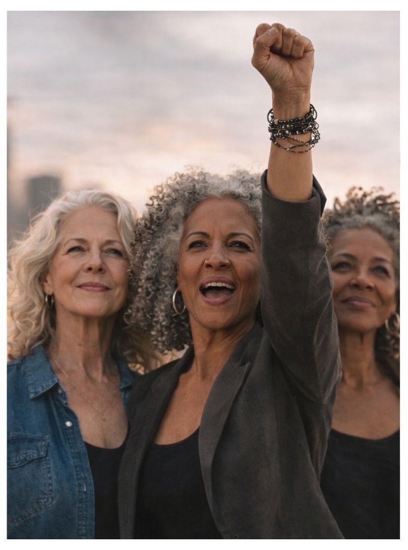 Three women standing together, one raising her fist